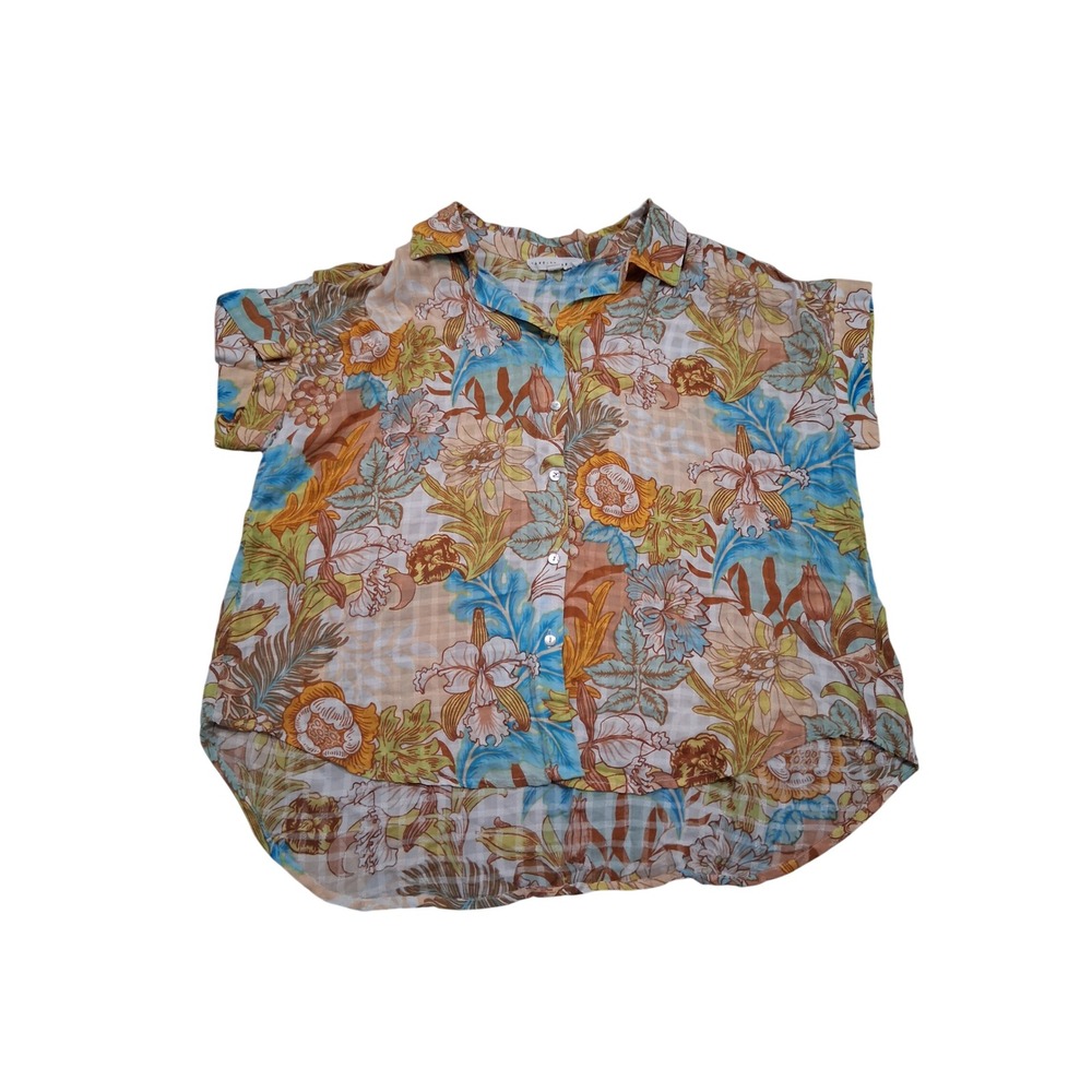 Jane + Delancey Women Floral Tropical Button Down Shirt High Low Hem Large